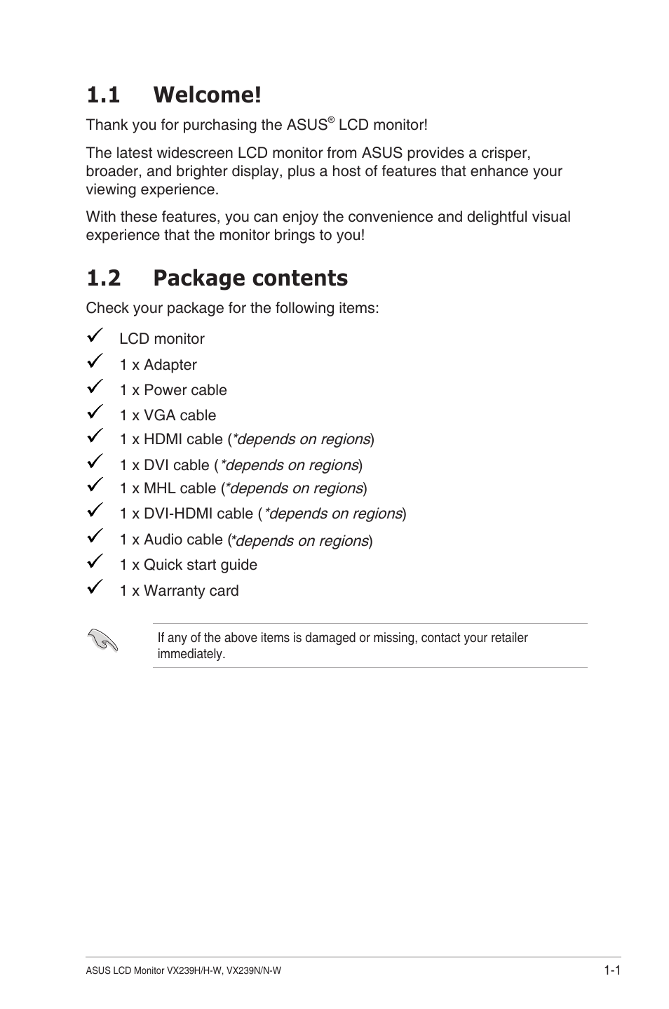 1 welcome, 2 package contents, 1 welcome! -1 1.2 | Package contents -1 | Asus VX239N User Manual | Page 8 / 26