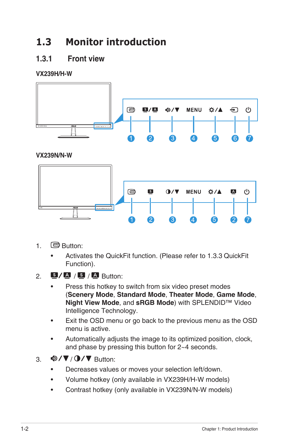 3 monitor introduction, 1 front view, Monitor introduction -2 1.3.1 | Front view -2 | Asus VX239N User Manual | Page 9 / 26