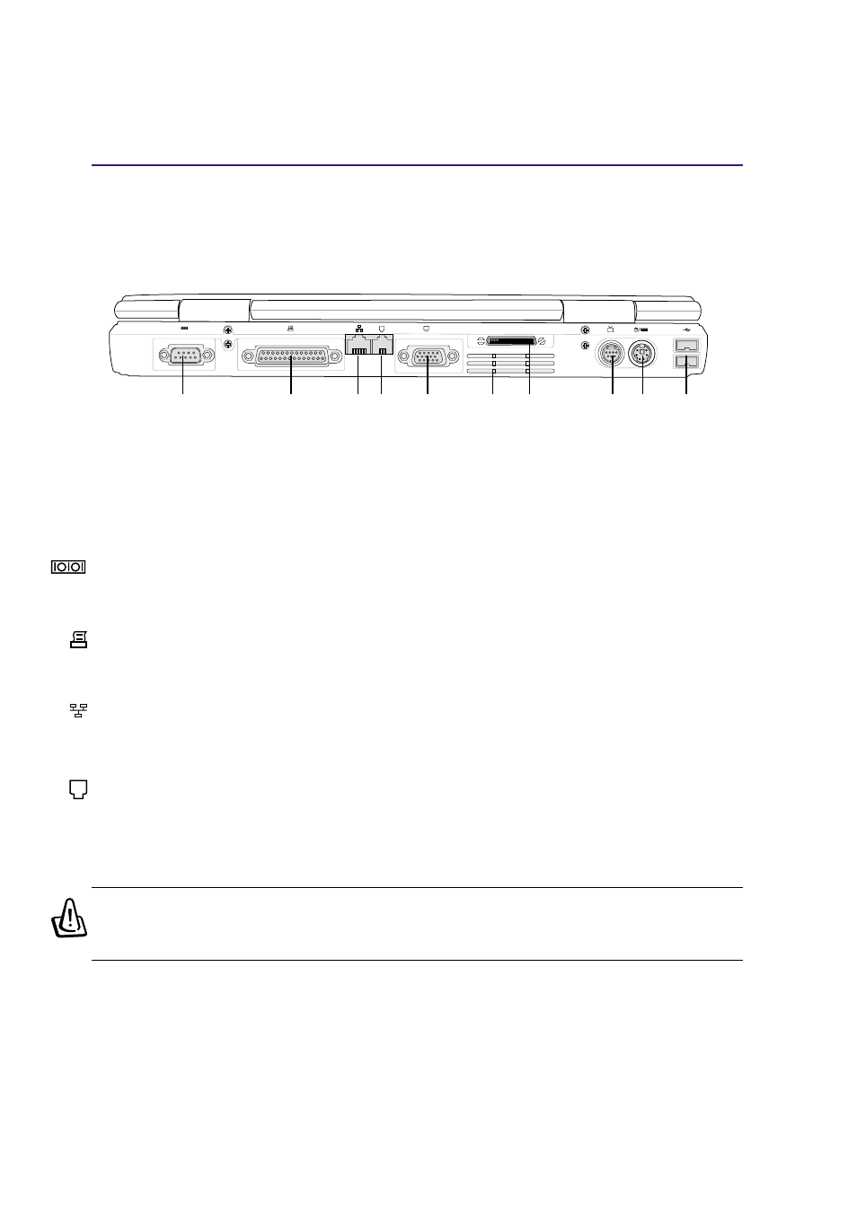 Rear side, Knowing the parts, Serial port | Parallel port, Lan port, Modem port | Asus L3Tp User Manual | Page 20 / 70