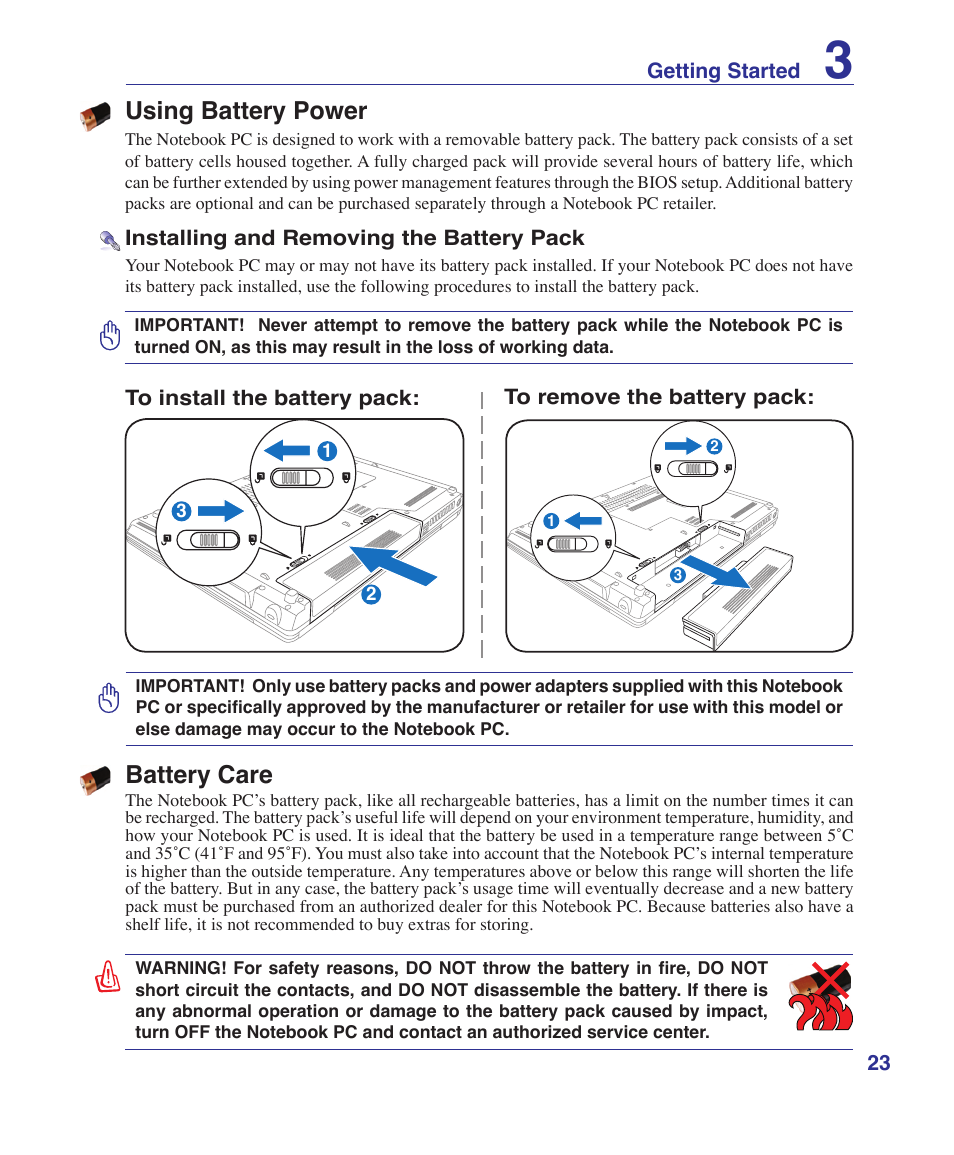 Using battery power, Battery care | Asus Z96S User Manual | Page 23 / 82