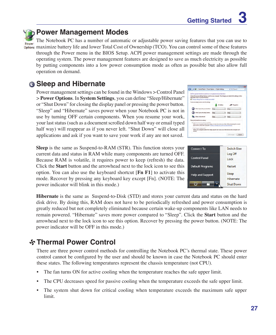 Power management modes, Sleep and hibernate, Thermal power control | Asus Z96S User Manual | Page 27 / 82