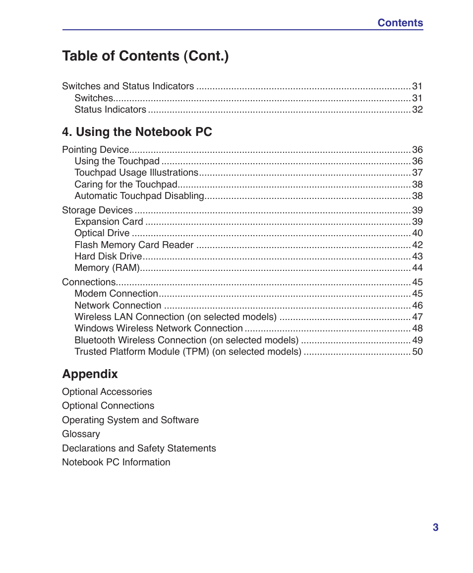 Table of contents (cont.), Appendix | Asus Z96S User Manual | Page 3 / 82