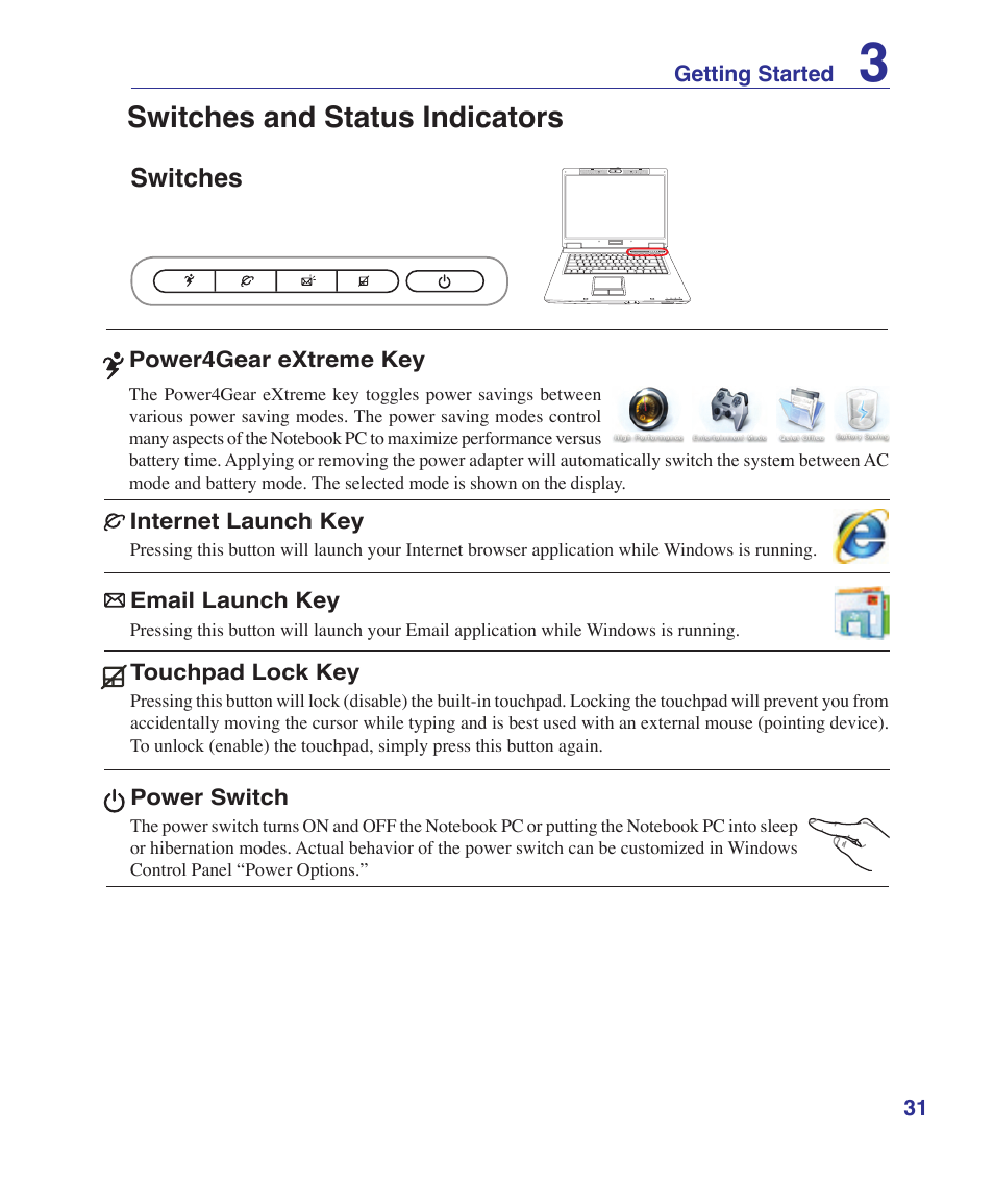 Switches and status indicators, Switches | Asus Z96S User Manual | Page 31 / 82