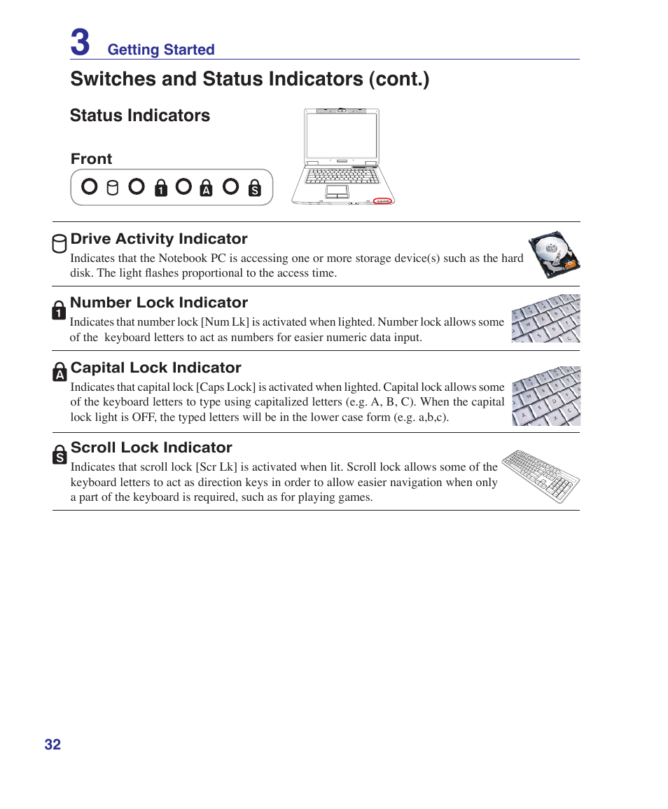 Status indicators, Switches and status indicators (cont.) | Asus Z96S User Manual | Page 32 / 82