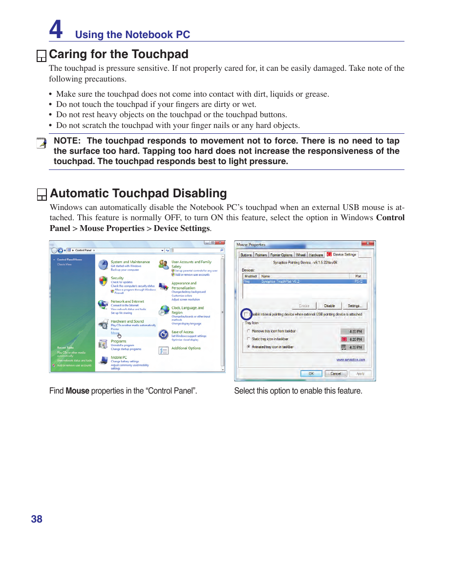 Caring for the touchpad, Automatic touchpad disabling | Asus Z96S User Manual | Page 38 / 82