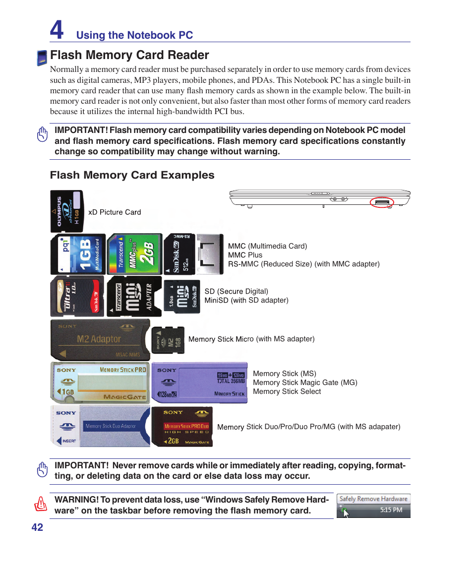 Flash memory card reader | Asus Z96S User Manual | Page 42 / 82