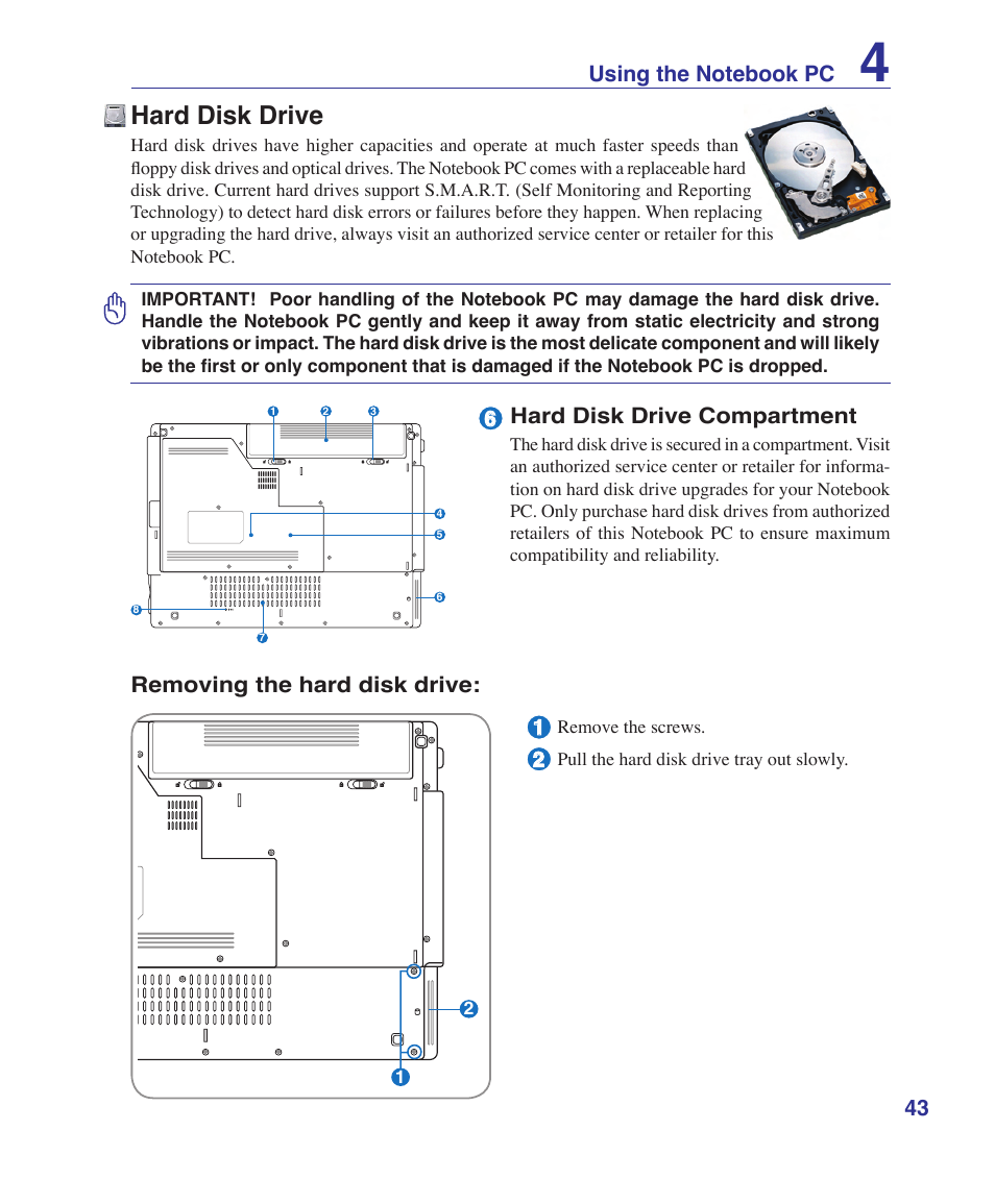 Hard disk drive, Removing the hard disk drive, Hard disk drive compartment | Asus Z96S User Manual | Page 43 / 82