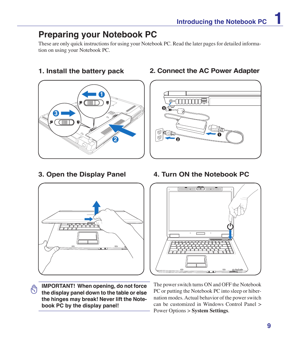 Preparing your notebook pc | Asus Z96S User Manual | Page 9 / 82