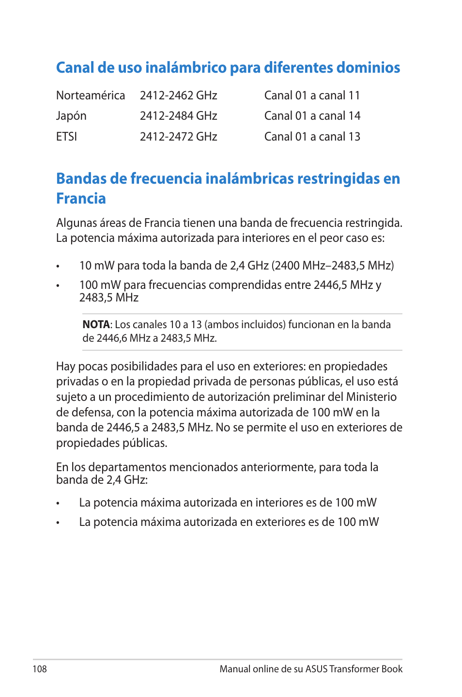 Canal de uso inalámbrico para diferentes dominios | Asus TX300CA User Manual | Page 108 / 118