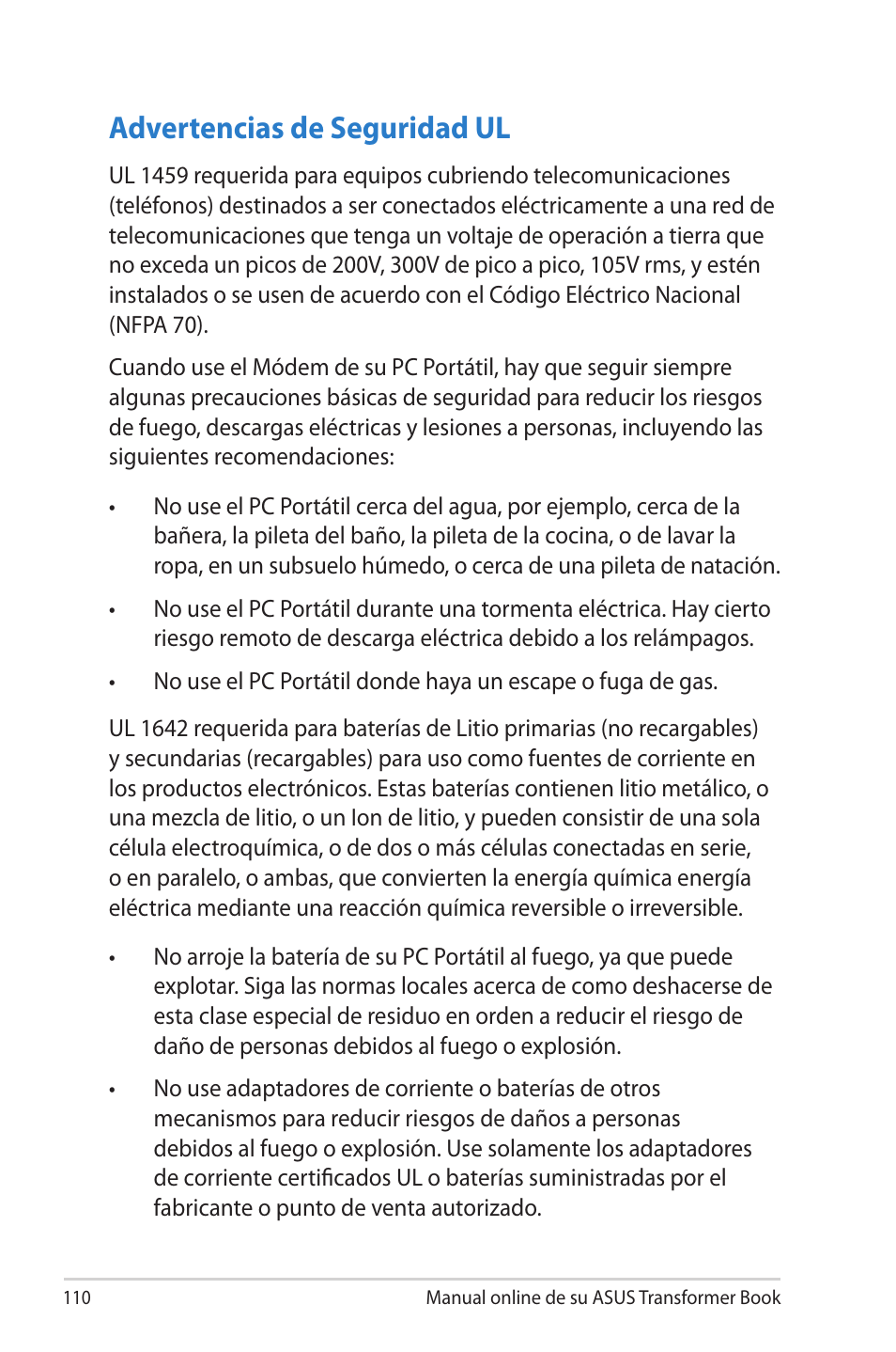 Advertencias de seguridad ul | Asus TX300CA User Manual | Page 110 / 118