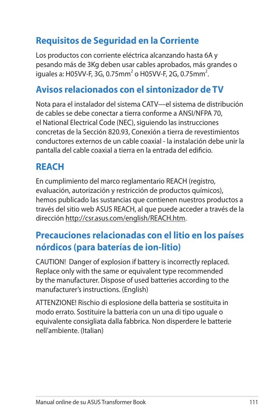 Requisitos de seguridad en la corriente, Avisos relacionados con el sintonizador de tv, Reach | Baterías de ion-litio) | Asus TX300CA User Manual | Page 111 / 118