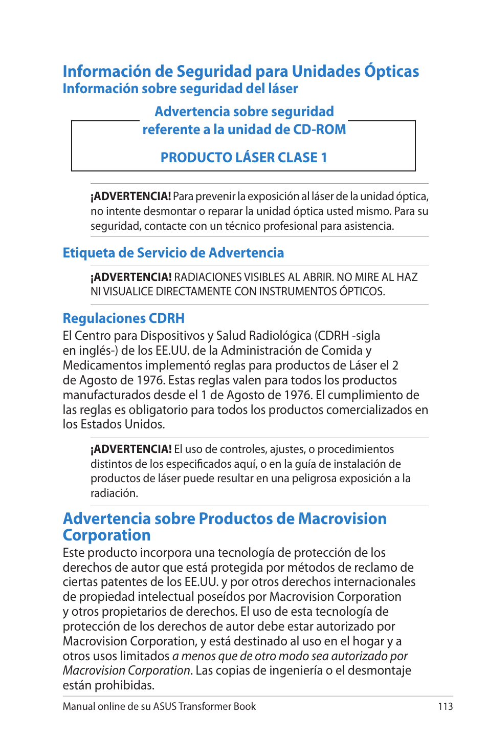 Información de seguridad para unidades ópticas | Asus TX300CA User Manual | Page 113 / 118