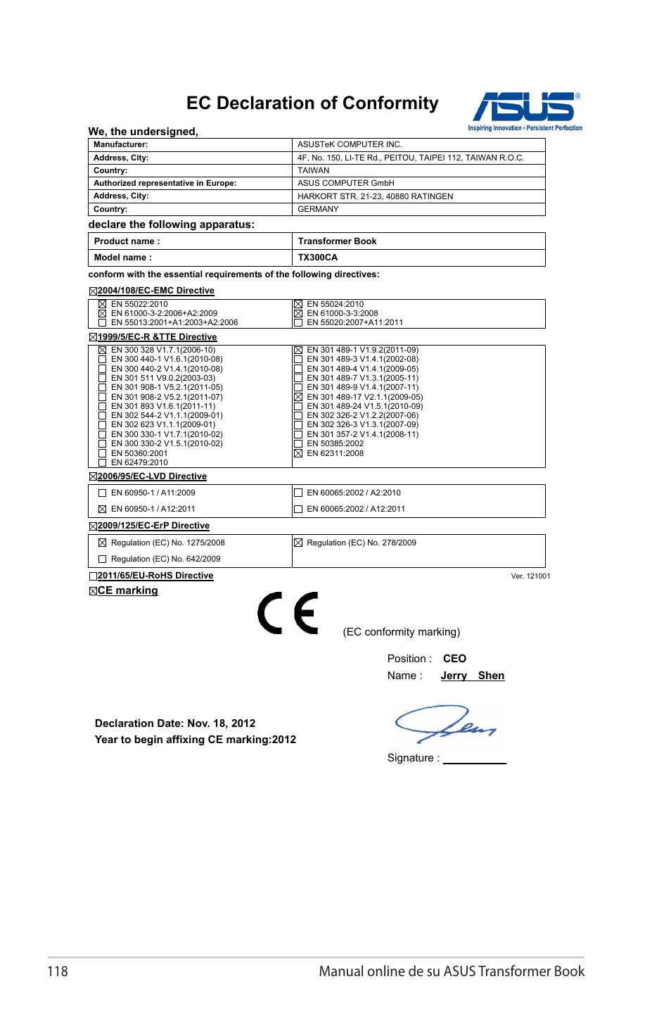 Ec declaration of conformity, 118 manual online de su asus transformer book | Asus TX300CA User Manual | Page 118 / 118