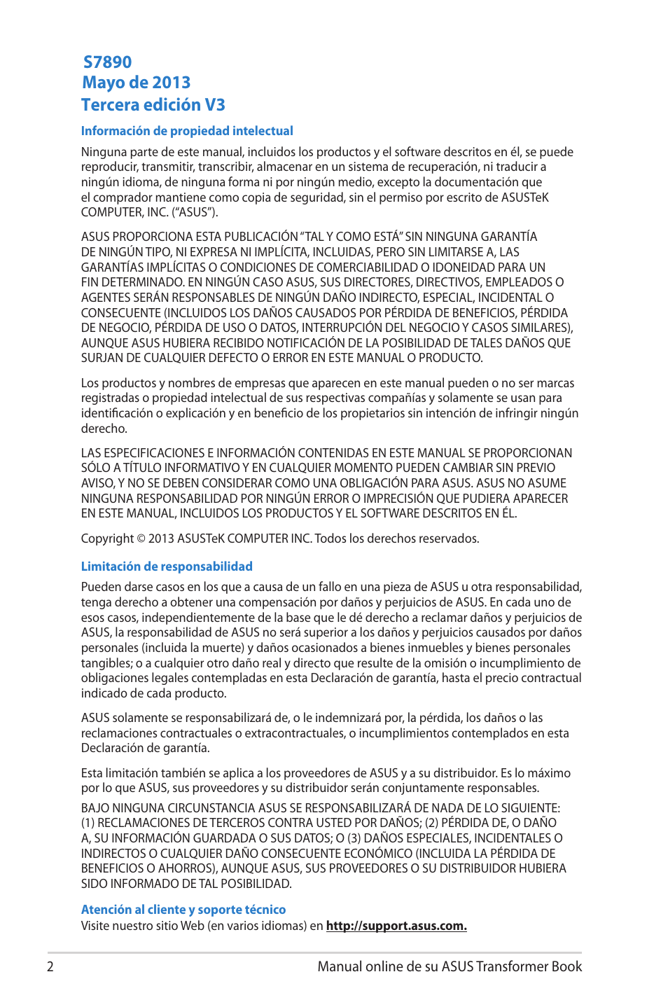 Tercera edición v3 | Asus TX300CA User Manual | Page 2 / 118
