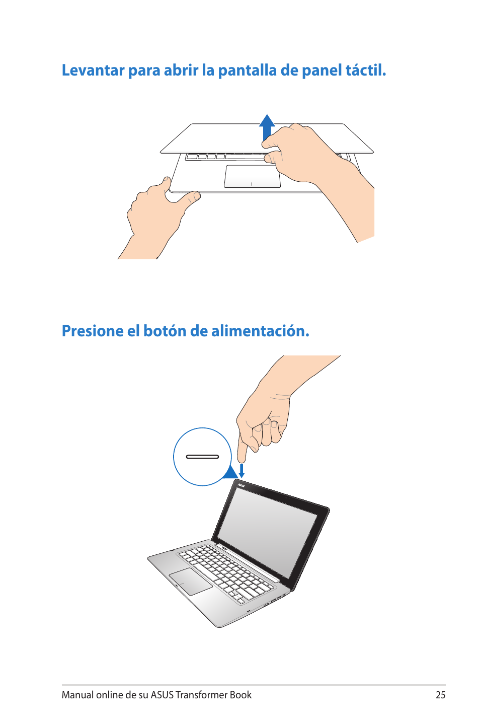 Levantar para abrir la pantalla de panel táctil, Presione el botón de alimentación | Asus TX300CA User Manual | Page 25 / 118