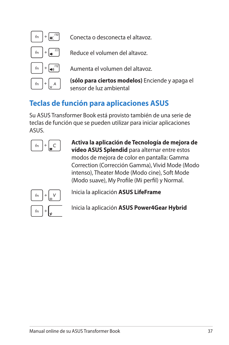 Teclas de función para aplicaciones asus | Asus TX300CA User Manual | Page 37 / 118