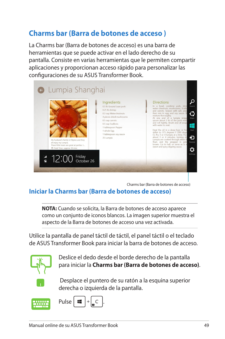 Charms bar (barra de botones de acceso ) | Asus TX300CA User Manual | Page 49 / 118
