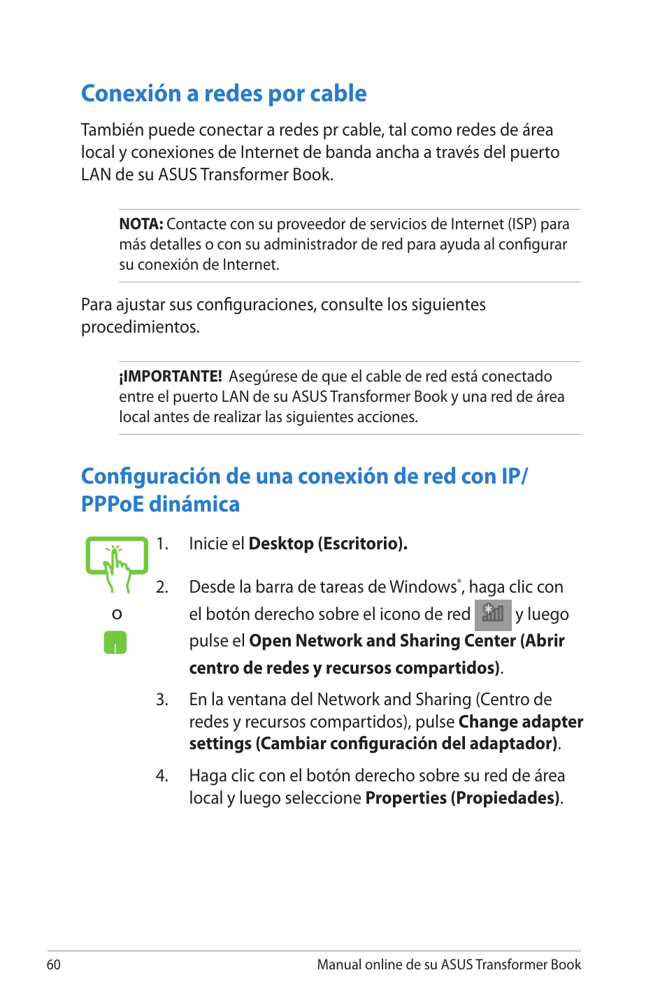 Conexión a redes por cable | Asus TX300CA User Manual | Page 60 / 118