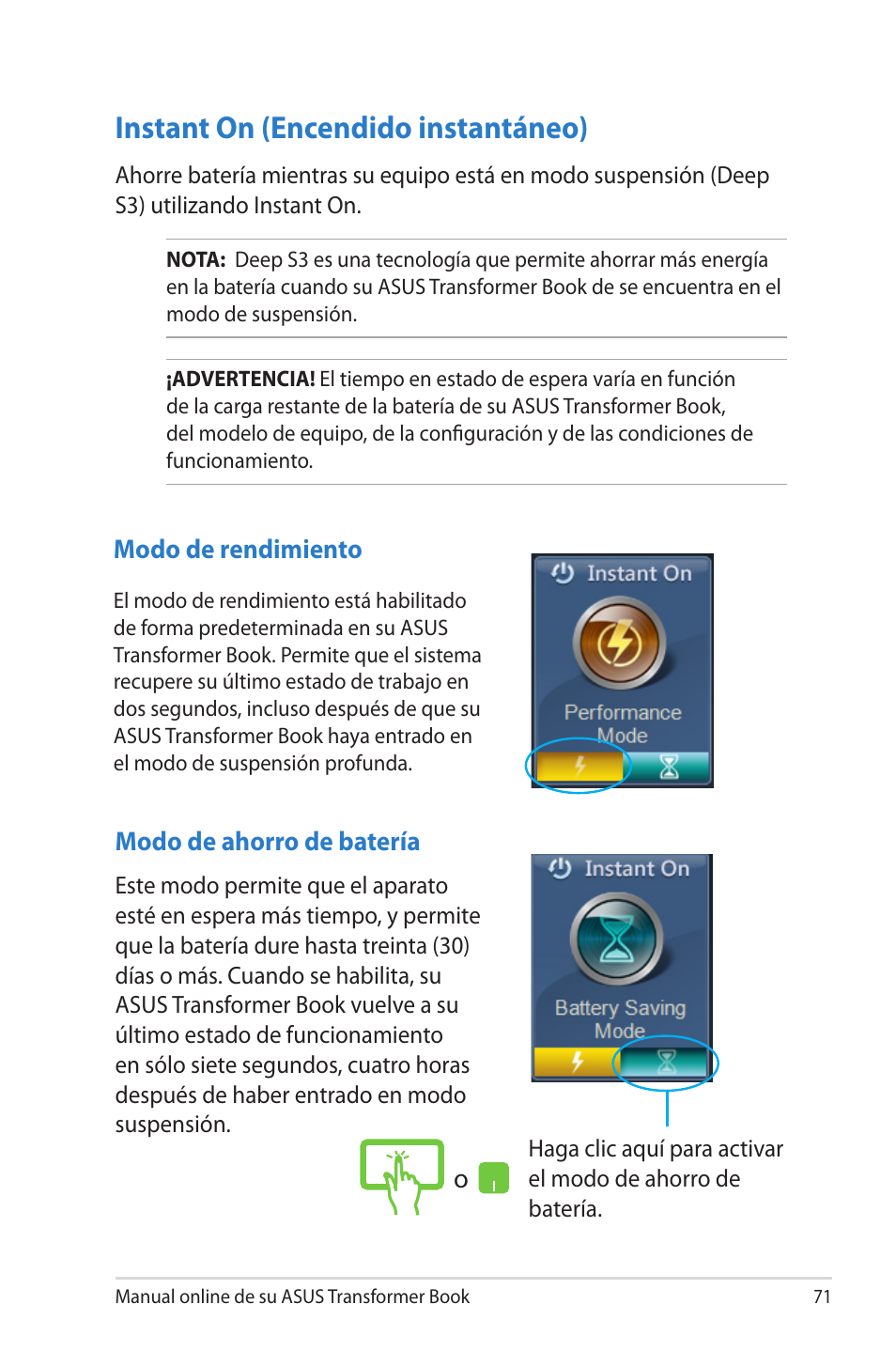 Instant on (encendido instantáneo) | Asus TX300CA User Manual | Page 71 / 118