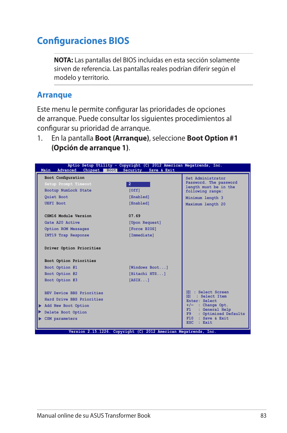 Configuraciones bios, Arranque, Manual online de su asus transformer book 83 | Asus TX300CA User Manual | Page 83 / 118