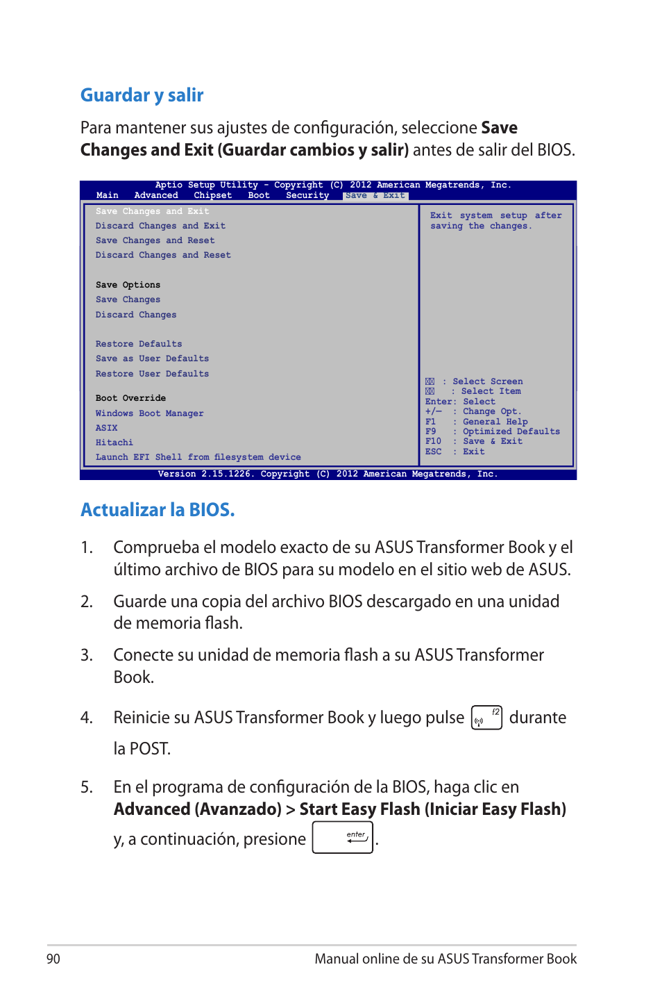 Guardar y salir, Actualizar la bios | Asus TX300CA User Manual | Page 90 / 118