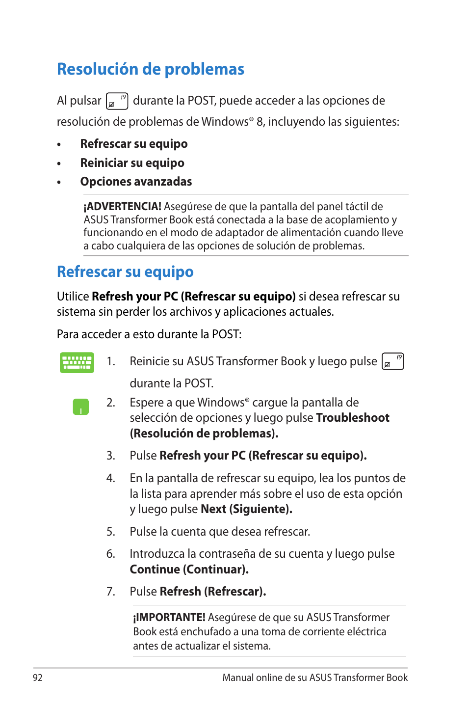 Resolución de problemas, Refrescar su equipo | Asus TX300CA User Manual | Page 92 / 118