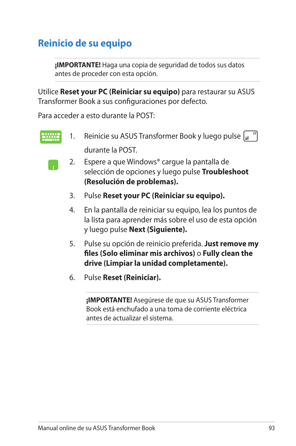 Reinicio de su equipo | Asus TX300CA User Manual | Page 93 / 118