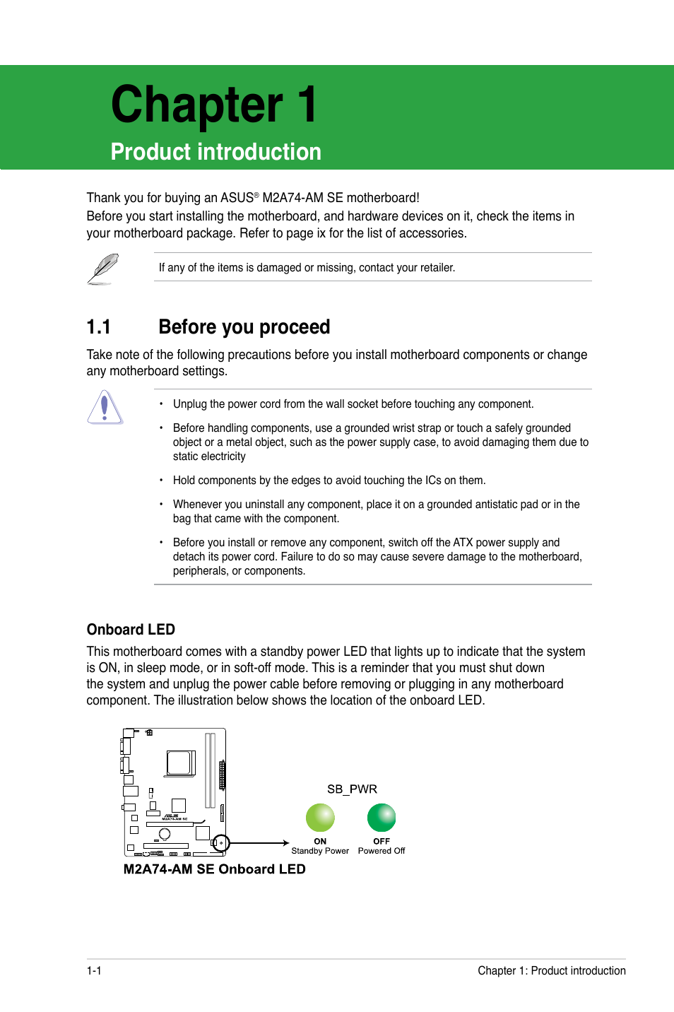 1 before you proceed, Chapter 1, Product introduction | Before you proceed -1 | Asus M2A74-AM SE User Manual | Page 10 / 40