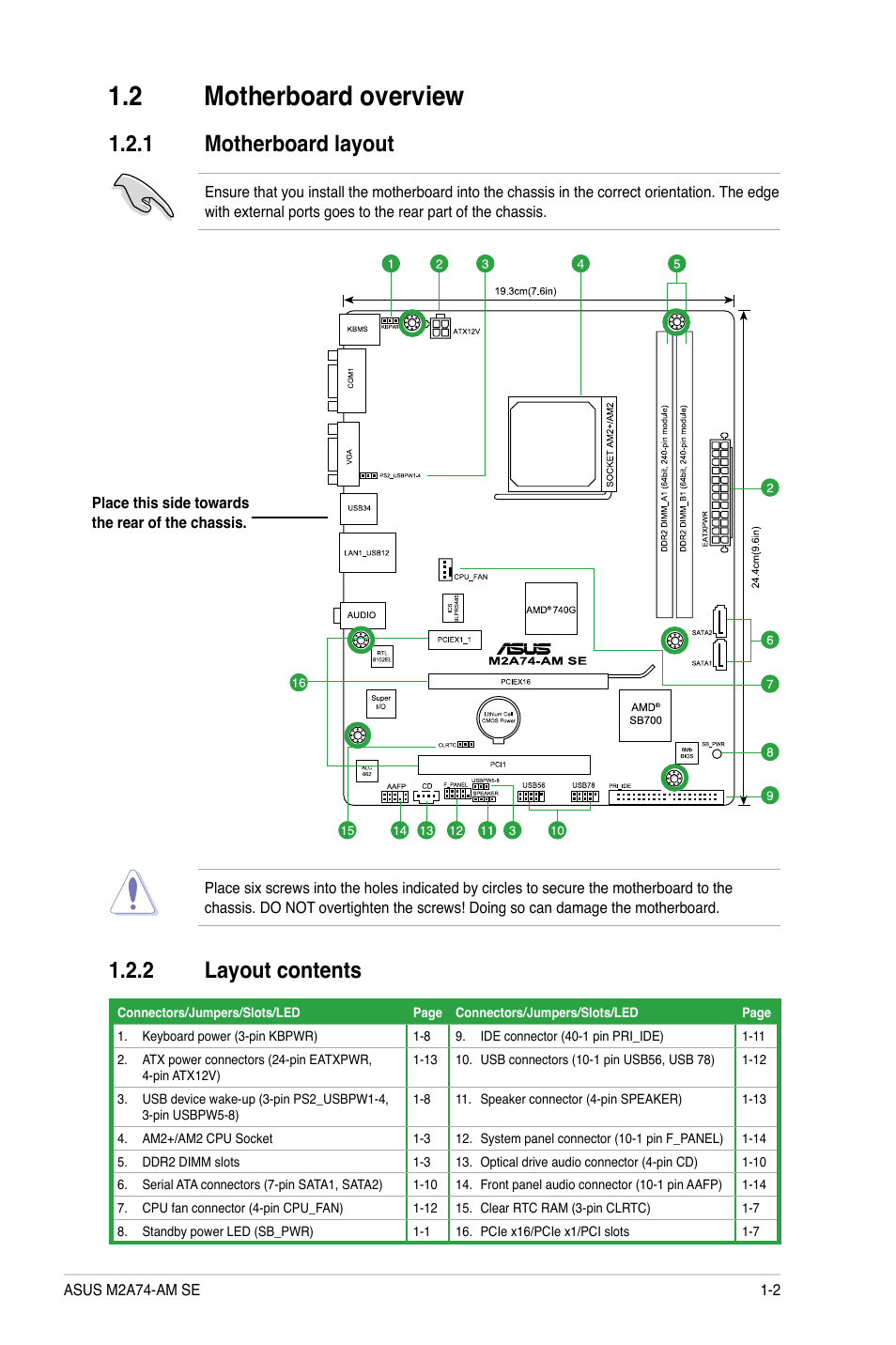 2 motherboard overview, 1 motherboard layout, 2 layout contents | Motherboard overview -2 1.2.1, Motherboard layout -2, Layout contents -2 | Asus M2A74-AM SE User Manual | Page 11 / 40