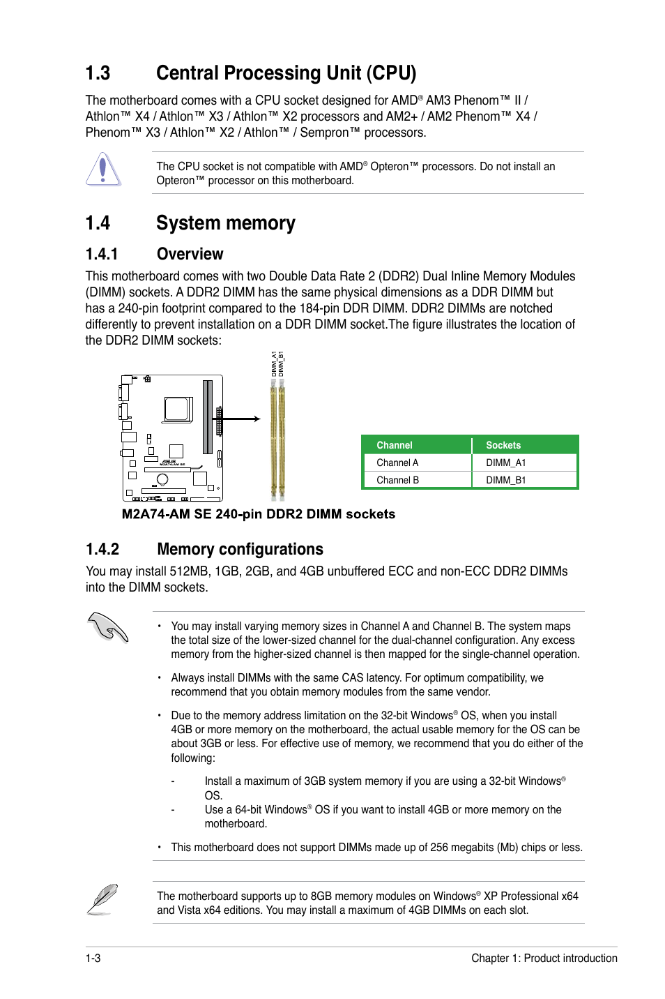 4 system memory, 1 overview, 2 memory configurations | 3 central processing unit (cpu), Central processing unit (cpu) -3, System memory -3 1.4.1, Overview -3, Memory configurations -3 | Asus M2A74-AM SE User Manual | Page 12 / 40