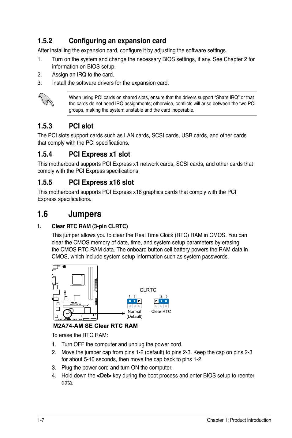 2 configuring an expansion card, 3 pci slot, 4 pci express x1 slot | 5 pci express x16 slot, 6 jumpers, Configuring an expansion card -7, Pci slot -7, Pci express x1 slot -7, Pci express x16 slot -7, Jumpers -7 | Asus M2A74-AM SE User Manual | Page 16 / 40