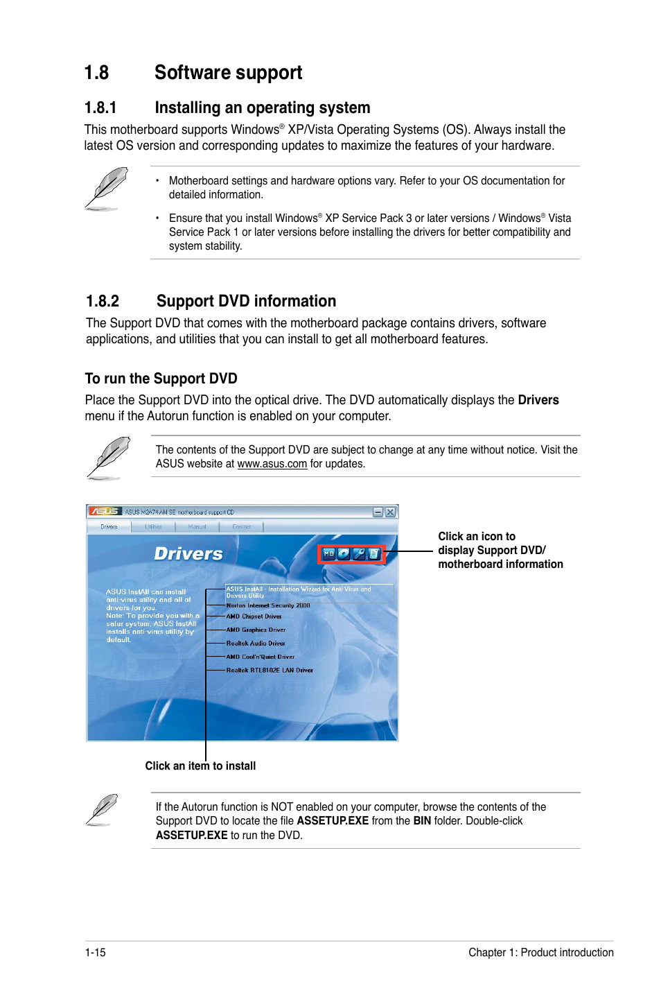 8 software support, 1 installing an operating system, 2 support dvd information | Software support -15 1.8.1, Installing an operating system -15, Support dvd information -15 | Asus M2A74-AM SE User Manual | Page 24 / 40