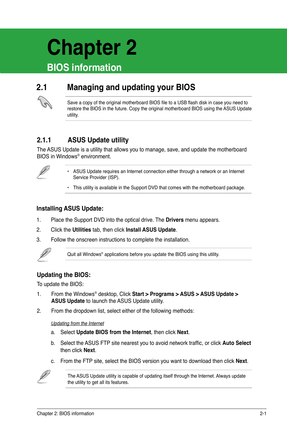 1 managing and updating your bios, 1 asus update utility, Chapter 2 | Bios information, Managing and updating your bios -1 2.1.1, Asus update utility -1 | Asus M2A74-AM SE User Manual | Page 25 / 40