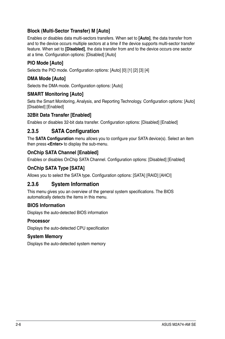 5 sata configuration, 6 system information, Sata configuration -6 | System information -6 | Asus M2A74-AM SE User Manual | Page 30 / 40