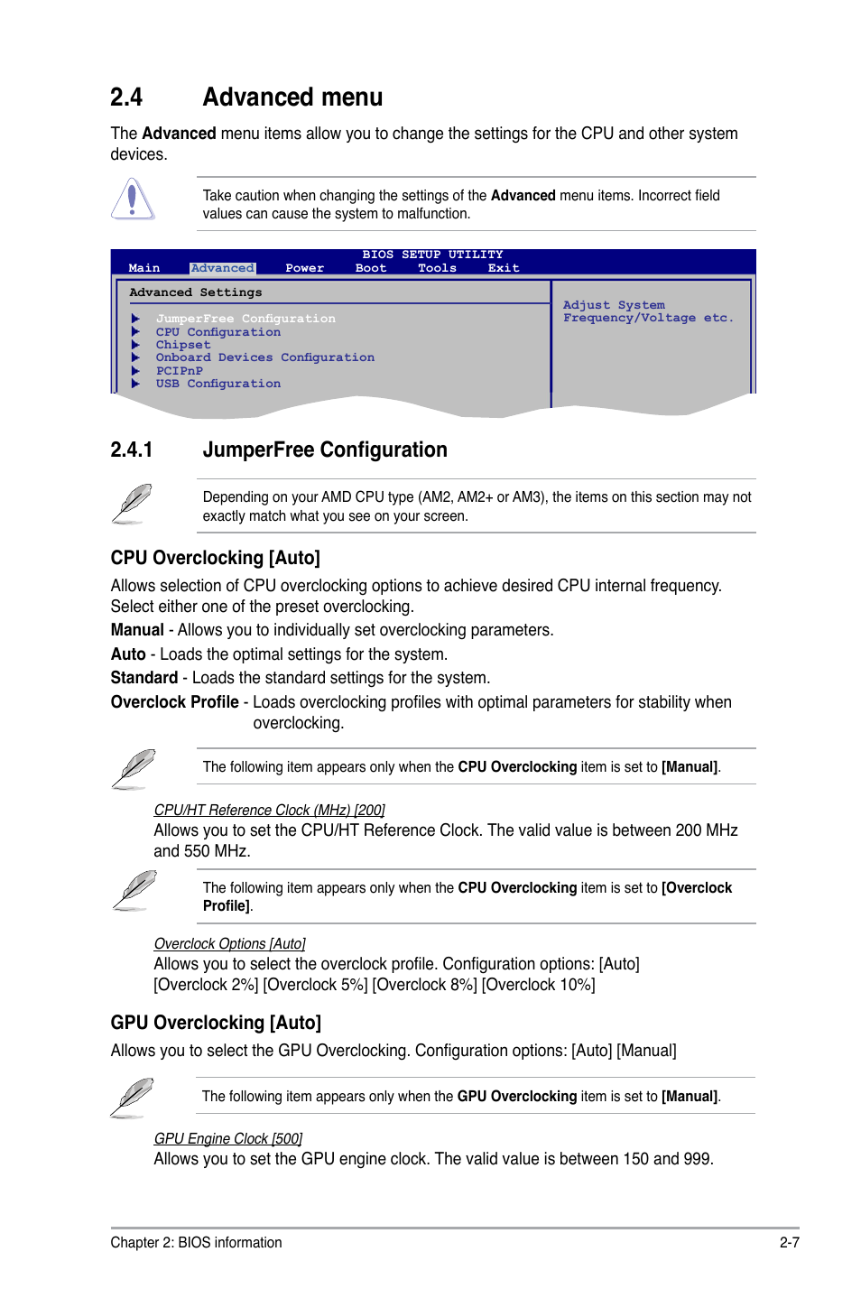 4 advanced menu, 1 jumperfree configuration, Advanced menu -7 2.4.1 | Jumperfree configuration -7, Gpu overclocking [auto, Cpu overclocking [auto | Asus M2A74-AM SE User Manual | Page 31 / 40