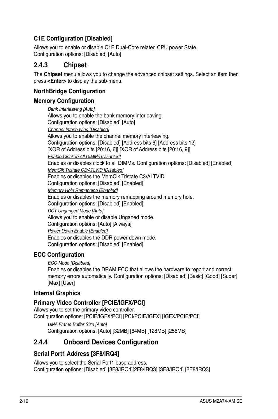 3 chipset, 4 onboard devices configuration, Chipset -10 | Onboard devices configuration -10 | Asus M2A74-AM SE User Manual | Page 34 / 40