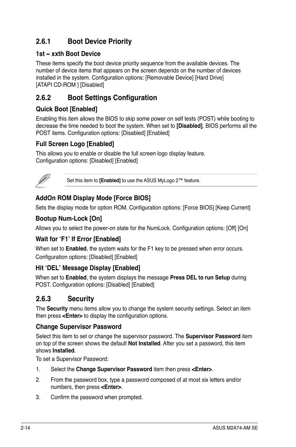 1 boot device priority, 2 boot settings configuration, 3 security | Boot device priority -14, Boot settings configuration -14, Security -14 | Asus M2A74-AM SE User Manual | Page 38 / 40