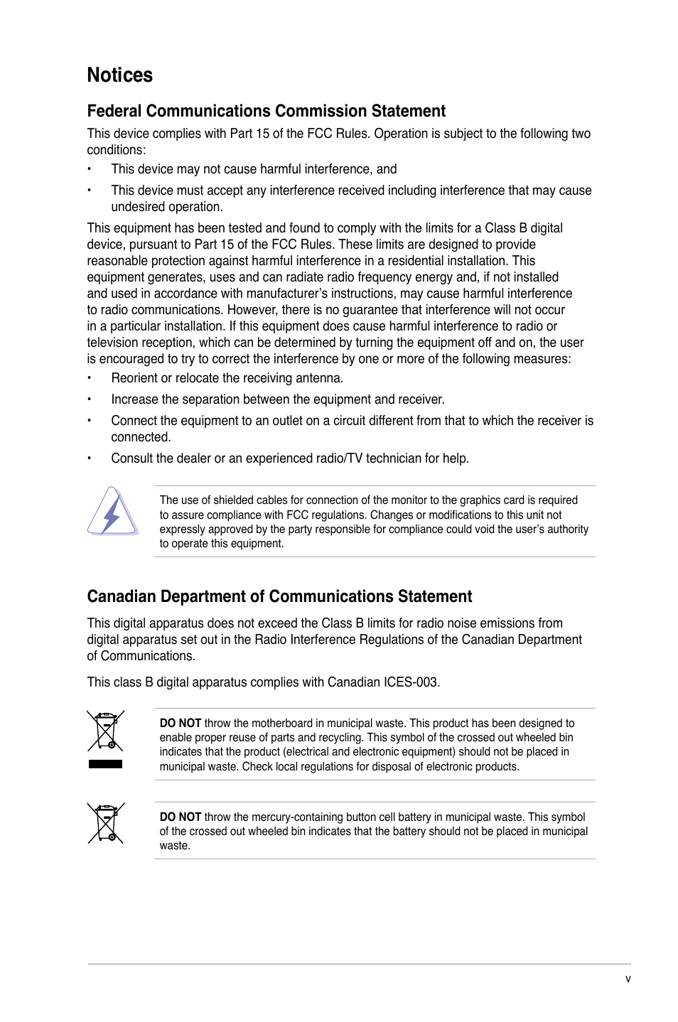 Notices, Federal communications commission statement, Canadian department of communications statement | Asus M2A74-AM SE User Manual | Page 5 / 40