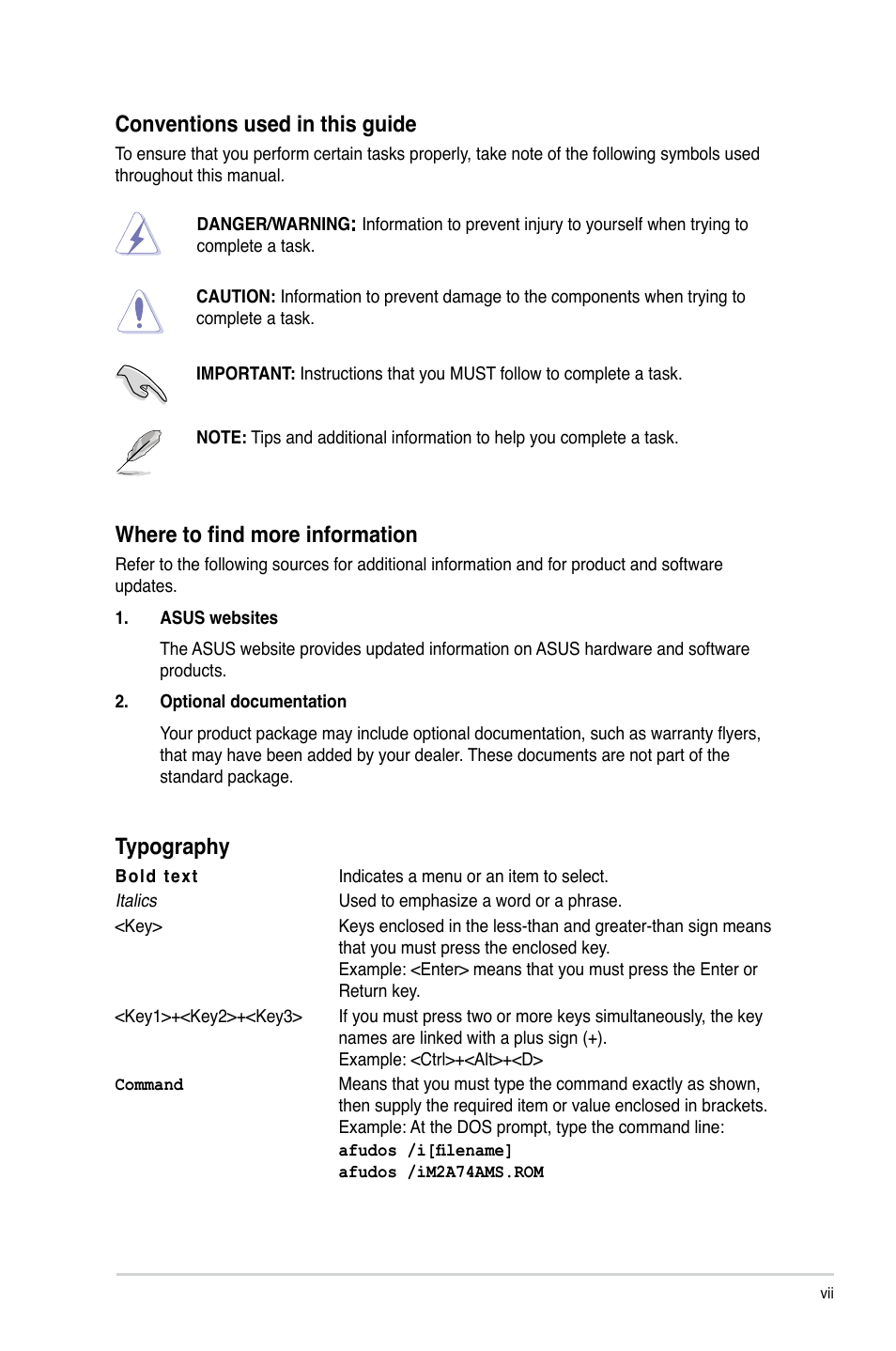 Conventions used in this guide, Where to find more information, Typography | Asus M2A74-AM SE User Manual | Page 7 / 40