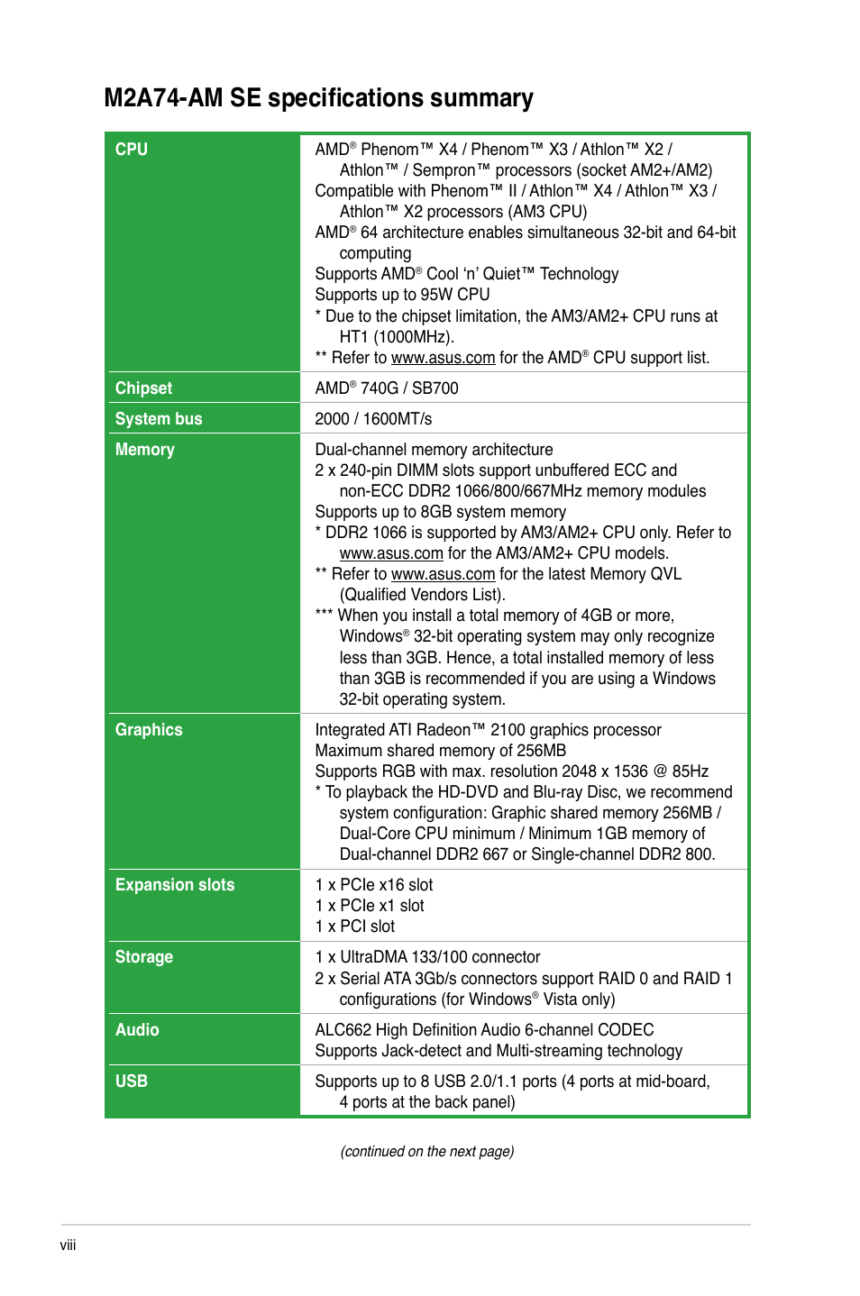 M2a74-am se specifications summary | Asus M2A74-AM SE User Manual | Page 8 / 40