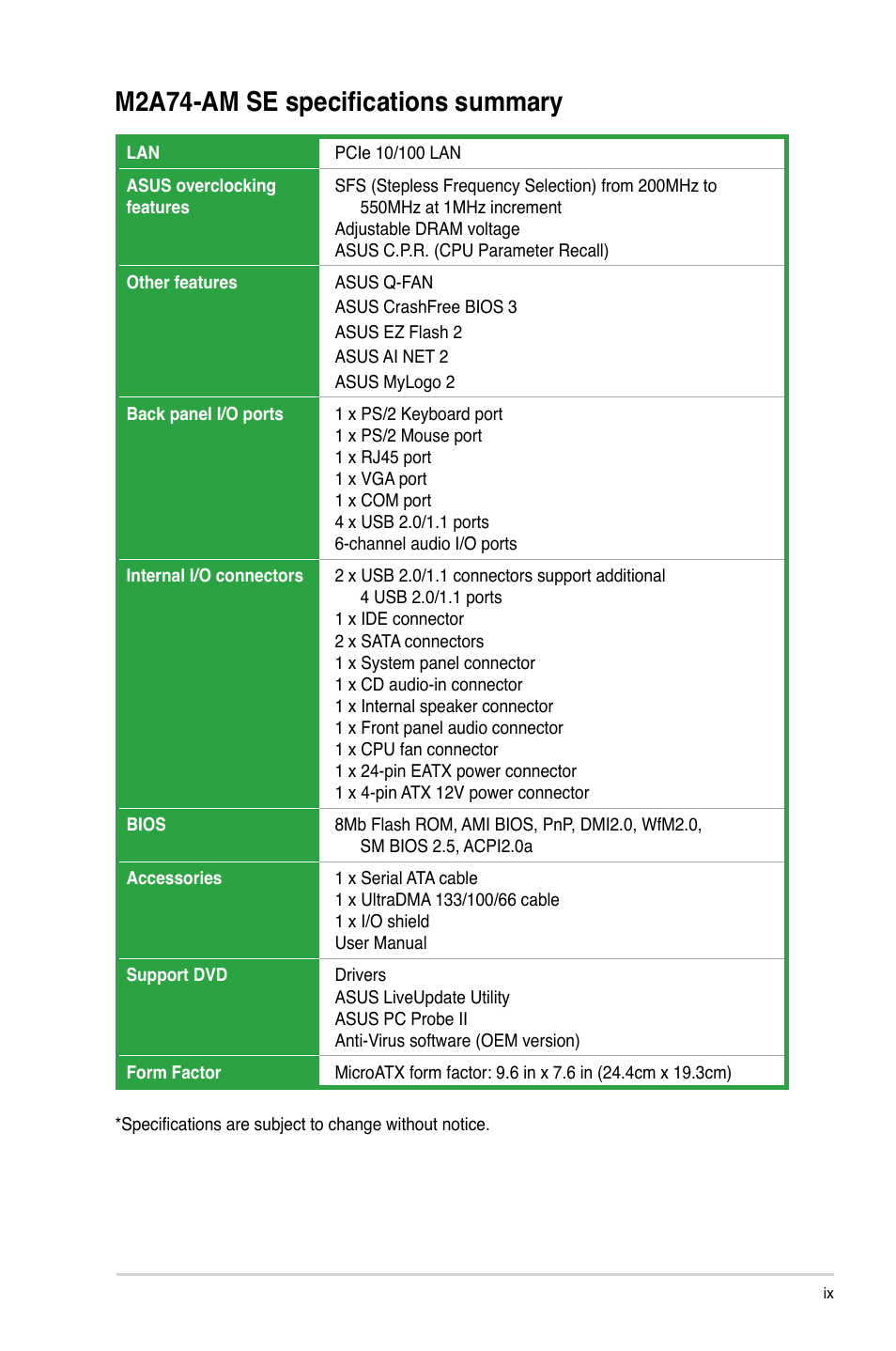 M2a74-am se specifications summary | Asus M2A74-AM SE User Manual | Page 9 / 40