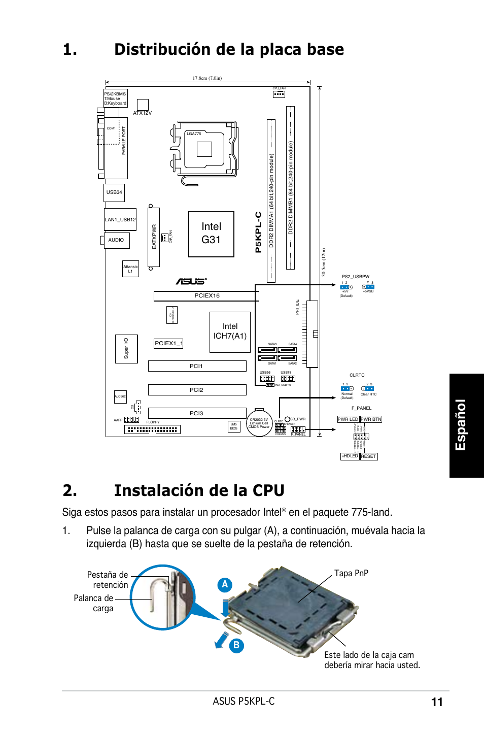 Español, Siga estos pasos para instalar un procesador intel, Intel g31 | Asus p5kpl-c, Ab b, Intel ich7(a1), P5kpl-c | Asus P5KPL-C User Manual | Page 11 / 38