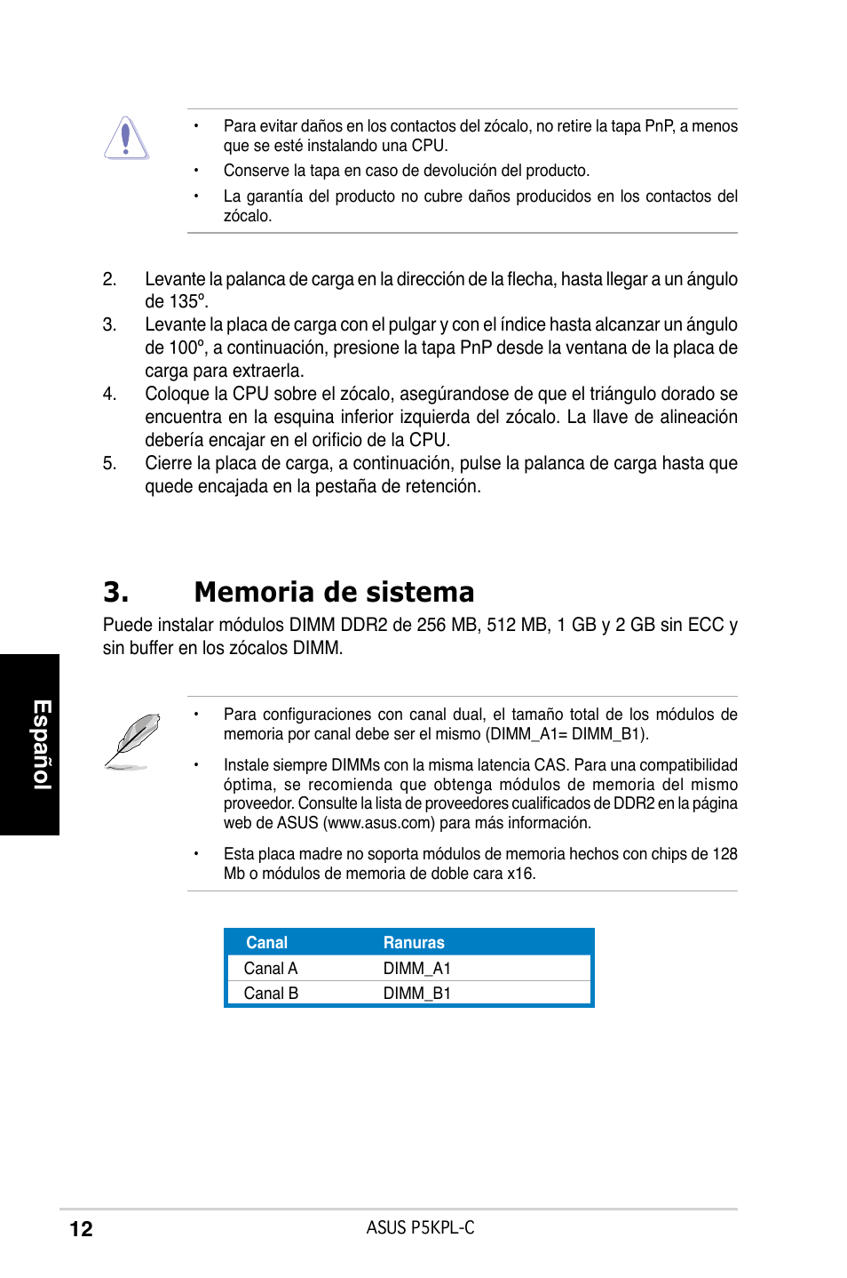 Español | Asus P5KPL-C User Manual | Page 12 / 38