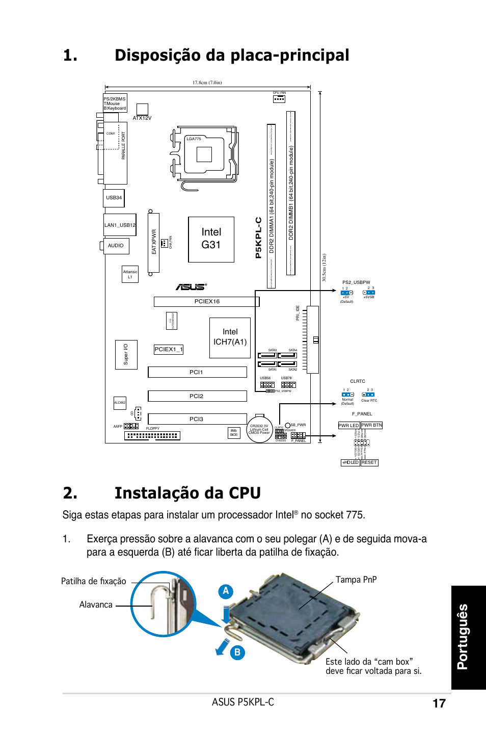 Disposição da placa-principal 2. instalação da cpu, Português, Intel g31 | Asus p5kpl-c, Ab b, Intel ich7(a1), P5kpl-c | Asus P5KPL-C User Manual | Page 17 / 38