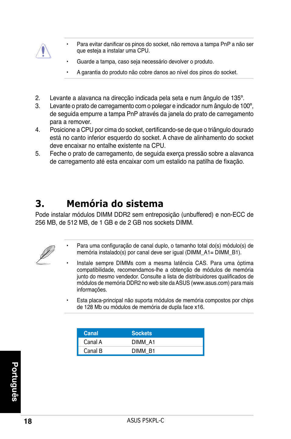 Memória do sistema, Português | Asus P5KPL-C User Manual | Page 18 / 38