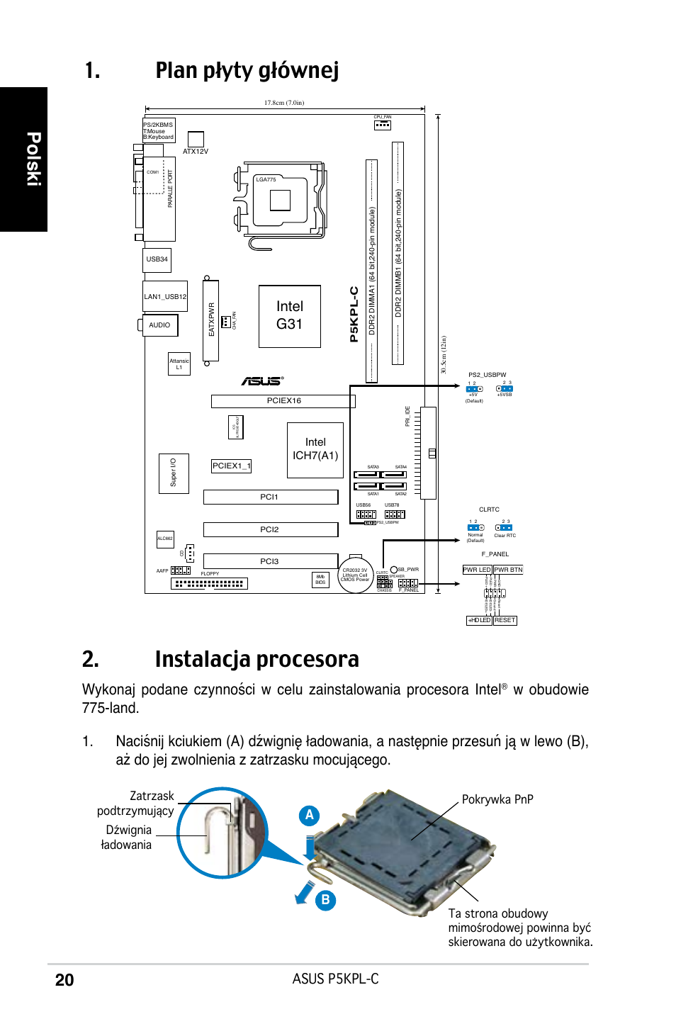 Plan płyty głównej 2. instalacja procesora, Polski, Intel g31 | Asus p5kpl-c, Ab b, Intel ich7(a1), P5kpl-c | Asus P5KPL-C User Manual | Page 20 / 38