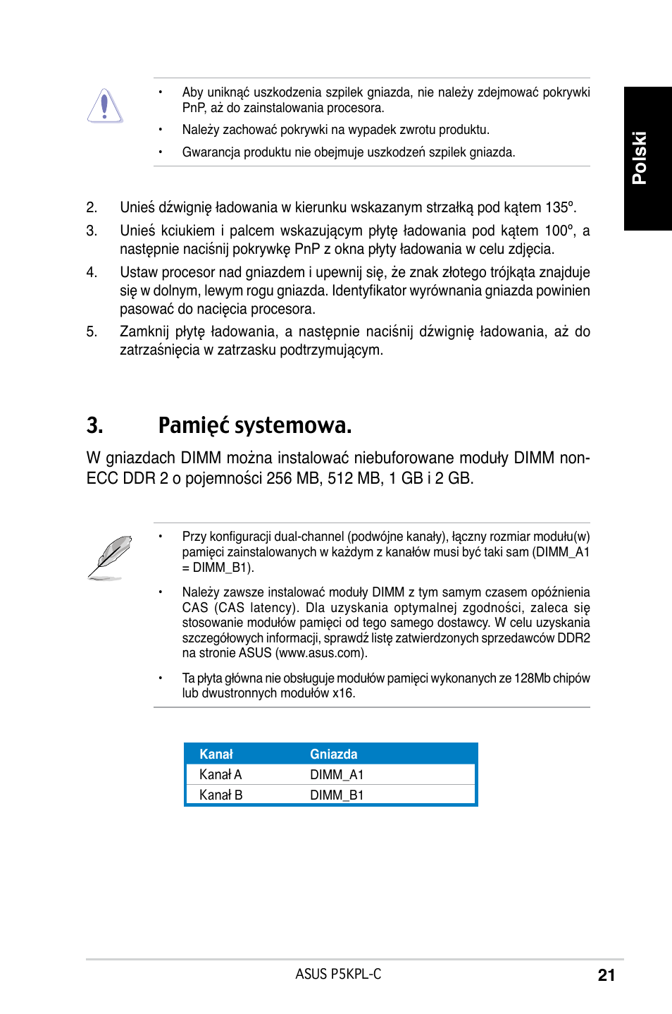 Pamięć systemowa, Polski | Asus P5KPL-C User Manual | Page 21 / 38