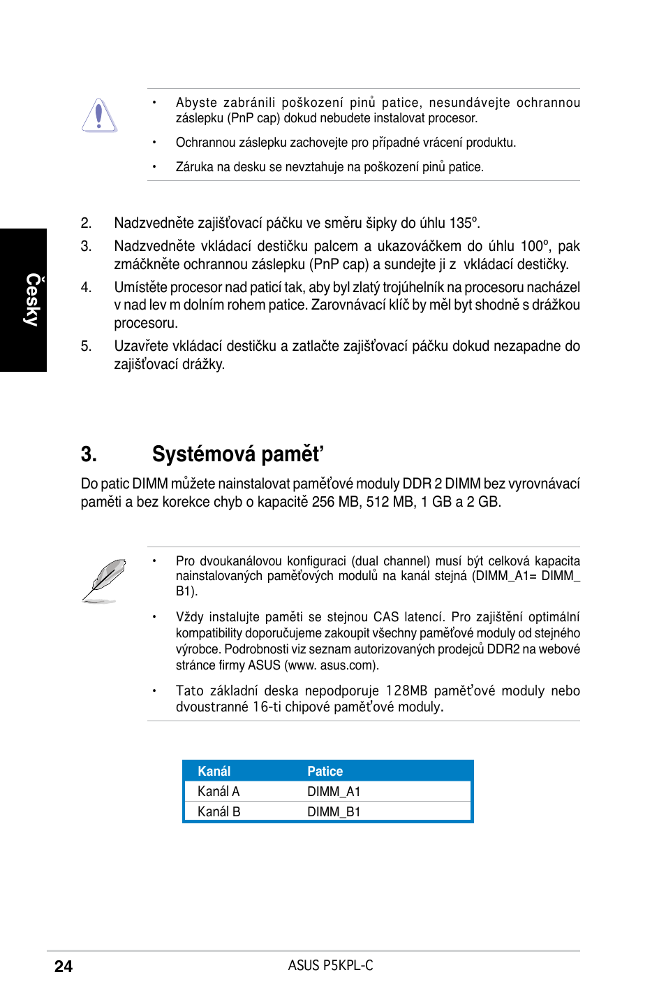 Systémová pamět, Česky | Asus P5KPL-C User Manual | Page 24 / 38