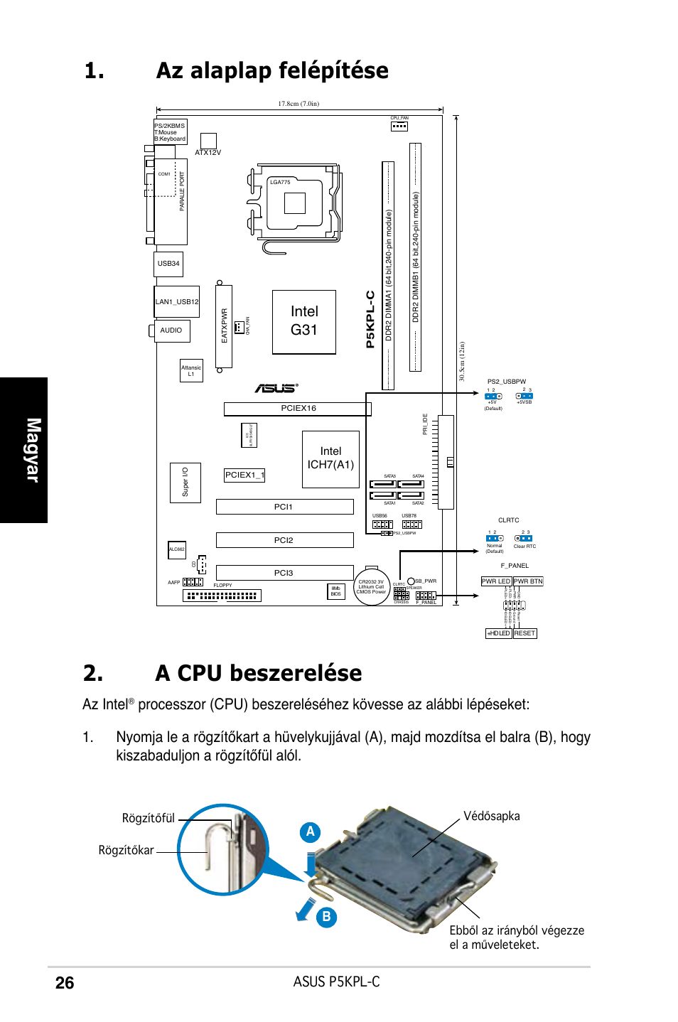 Az alaplap felépítése 2. a cpu beszerelése, Magyar, Az intel | Intel g31, Asus p5kpl-c, Ab b, Intel ich7(a1), P5kpl-c | Asus P5KPL-C User Manual | Page 26 / 38