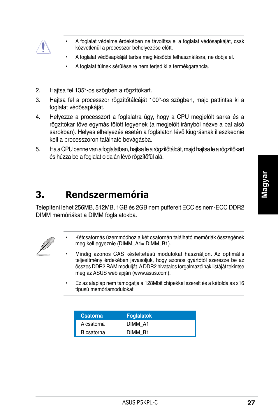 Rendszermemória, Magyar | Asus P5KPL-C User Manual | Page 27 / 38